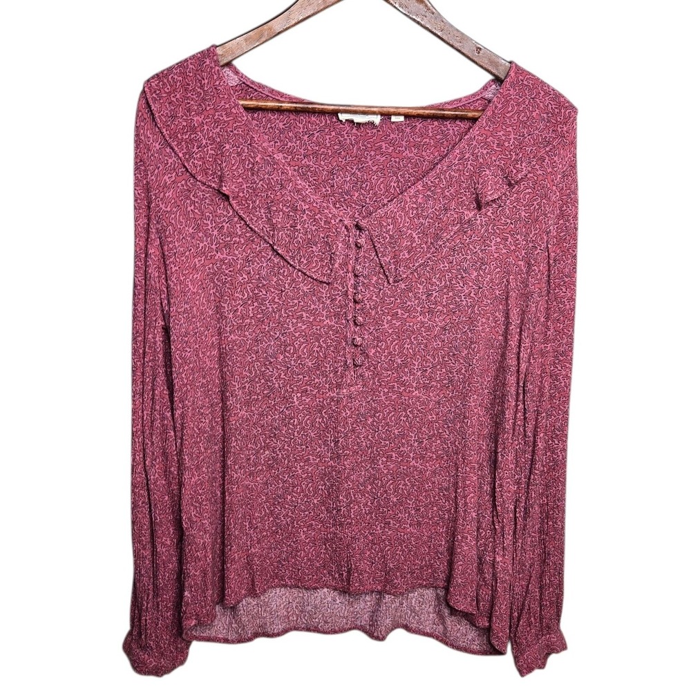 Fat Face Floral Blouse Ruffle Neck Long Sleeve Top Boho‎ Pink Womens 8 Flaw